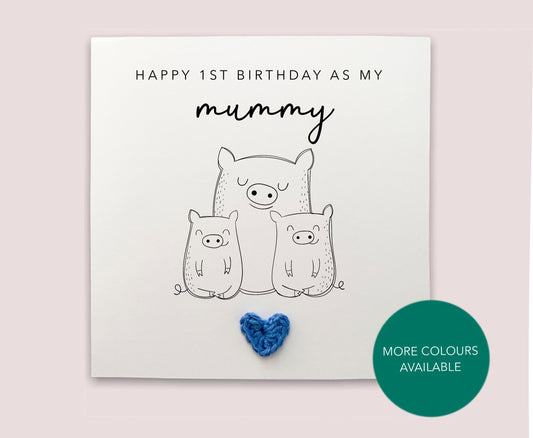 Happy 1st Birthday as my mummy twins - Simple Pig Birthday Card for mum to twins from baby son daughter - Send to recipient