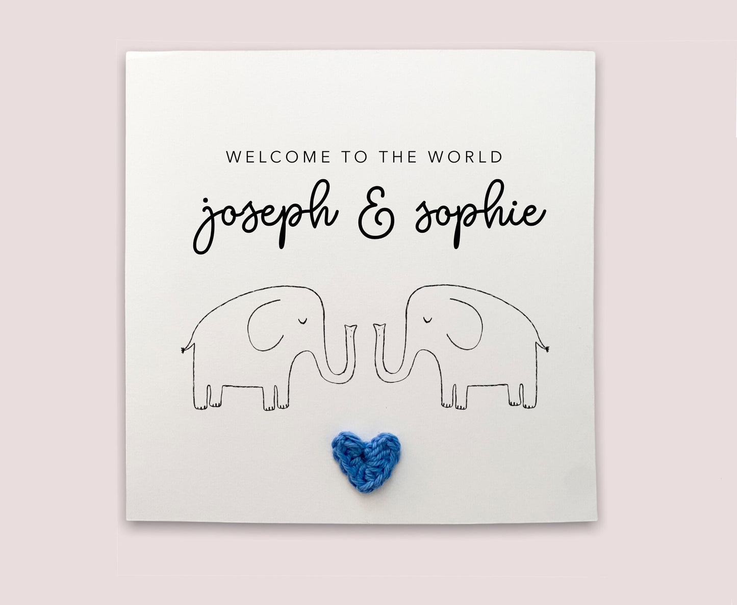 Personalised New Twin Born baby welcome to the world - Simple new baby Card new born baby card for Twins elephant Baby - Send to recipient