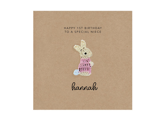 To A Special Niece, Happy 1st Birthday, Personalised Niece First Birthday Card, Bunny, Pink, 1st Birthday Card For Baby