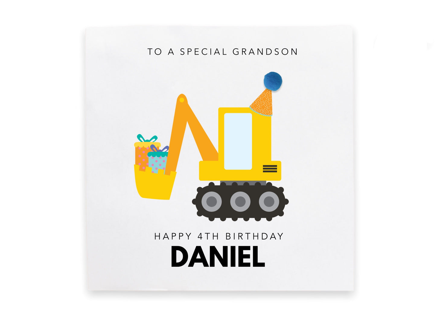 Personalised 4th Birthday Card Grandson, 4th Birthday Card For Son, Digger Tractor Birthday Card For Boy, Birthday Card