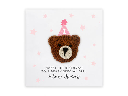 Personalised First Birthday Card Girl, Baby Girl Birthday Card,  1st Birthday Card For Daughter, Granddaughter, Birthday Card, Bear