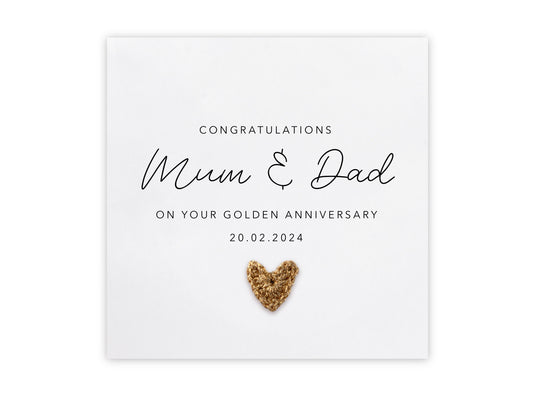 50th Anniversary Card, Golden Wedding Anniversary, Gold, Happy 50th Wedding Card, Card For Mum & Dad  Couple, Parents